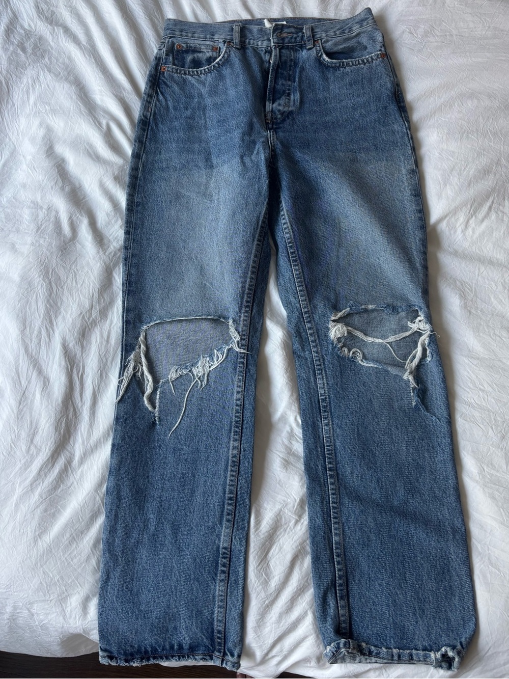 Topshop Blue Straight Leg Distressed Jeans